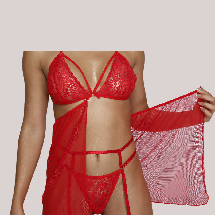 Baby Doll Audaz con Corpiño de Encaje, Tul Transparente y Liguero Cod. 3052