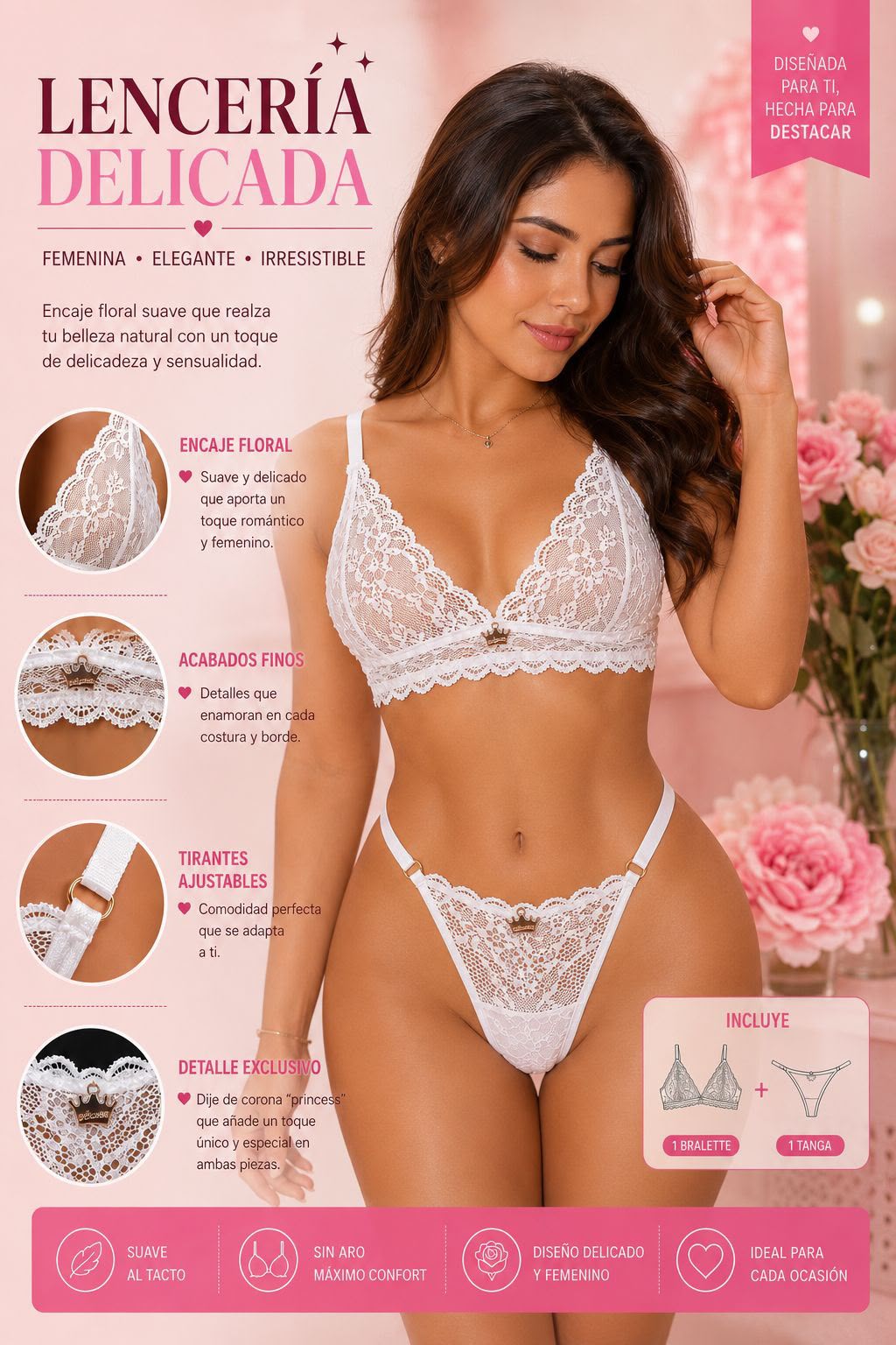 Conjunto de lencería en encaje floral con tirantes ajustables Cod. 23BLANCO