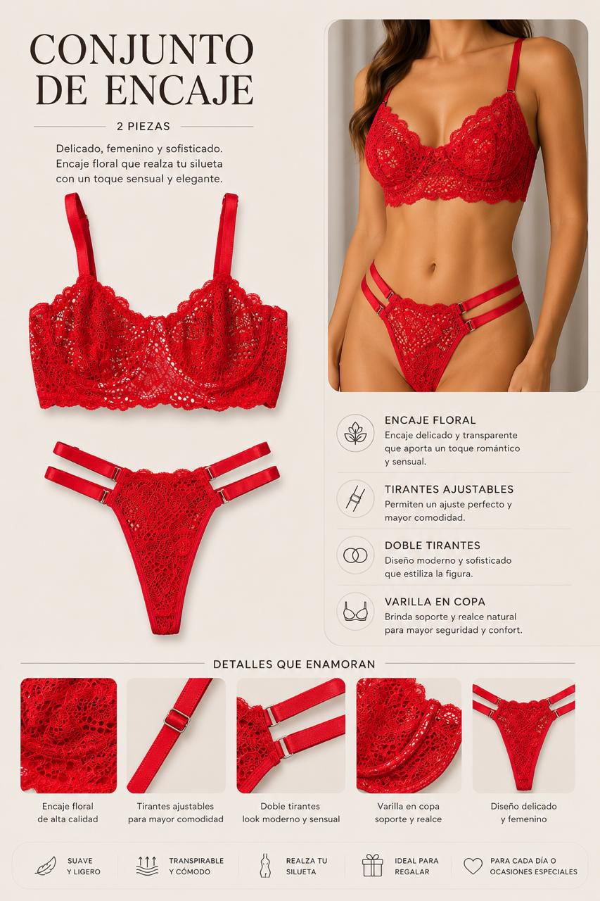 Conjunto de lencería en encaje floral con tirantes ajustables Cod. 23ROJO